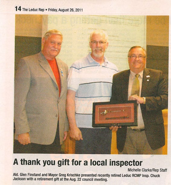A newspaper article about a thank you gift for a local inspector.