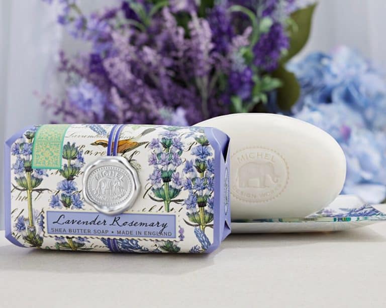 A soap bar with lavender flowers on it.