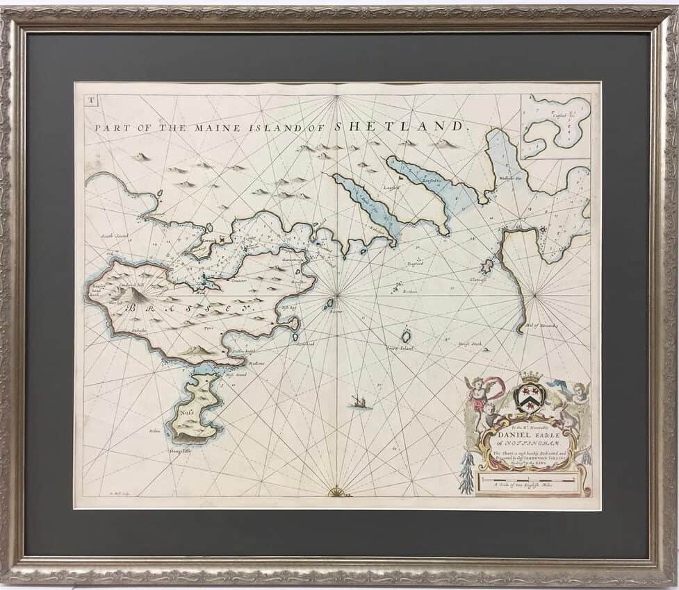 A framed map of the part of the main island of shetland