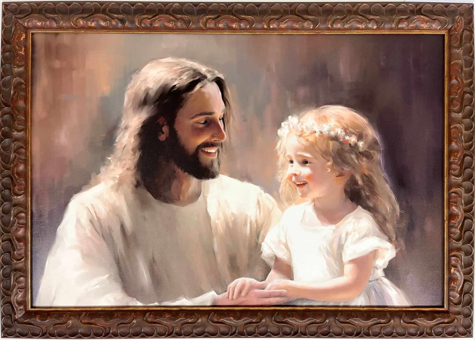 A painting of jesus and a little girl.