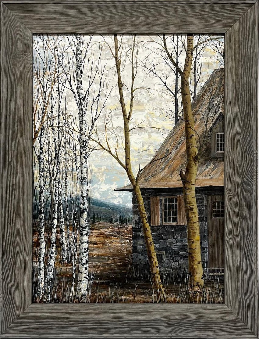 A painting of a cabin in the woods with birch trees.